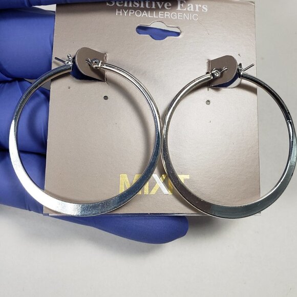 MIXIT Polished Silver tone 1.5 inches Hoop Latch Backs  Earrings - Picture 7 of 7